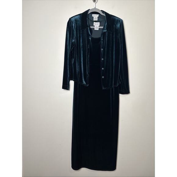 K Studio Green Velvet Maxi Dress Jacket Set Sz 16 Evening Cocktail Holiday Event - Picture 1 of 9